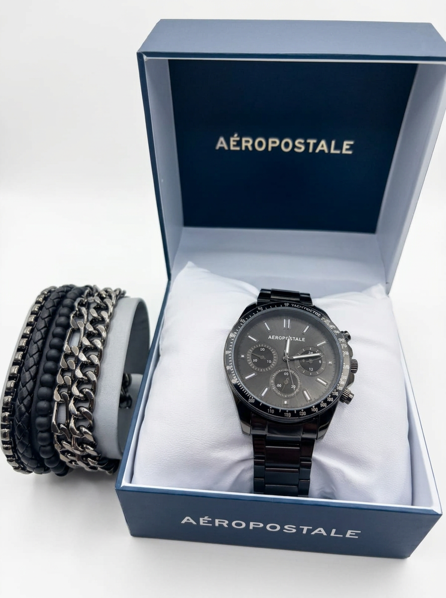 Aéropostale Set Reloj Cronógrafo Negro + Pulseras