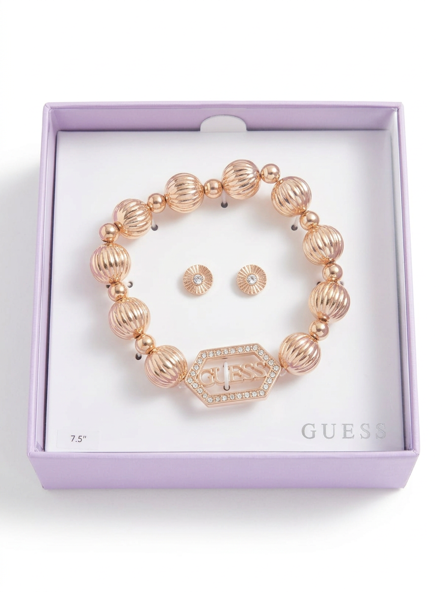 Guess Set Pulsera Perlas Rose Gold + Aretes