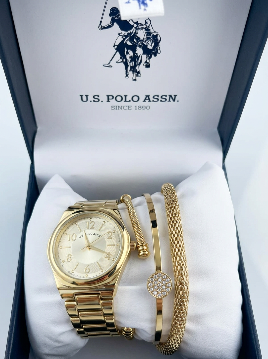 U.S. Polo Assn. Set Reloj Dorado + 3 Brazaletes