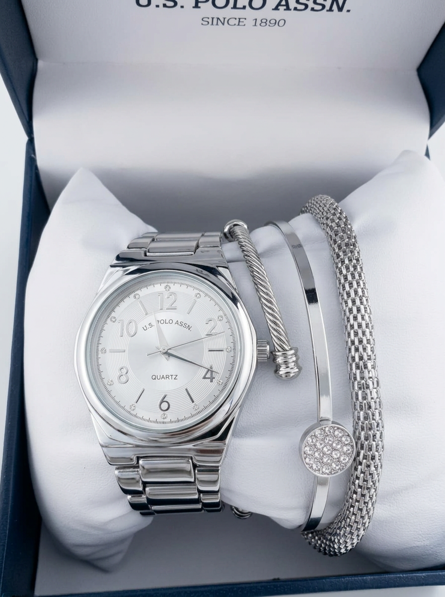 U.S. Polo Assn. Set Reloj Plateado + 3 Brazaletes