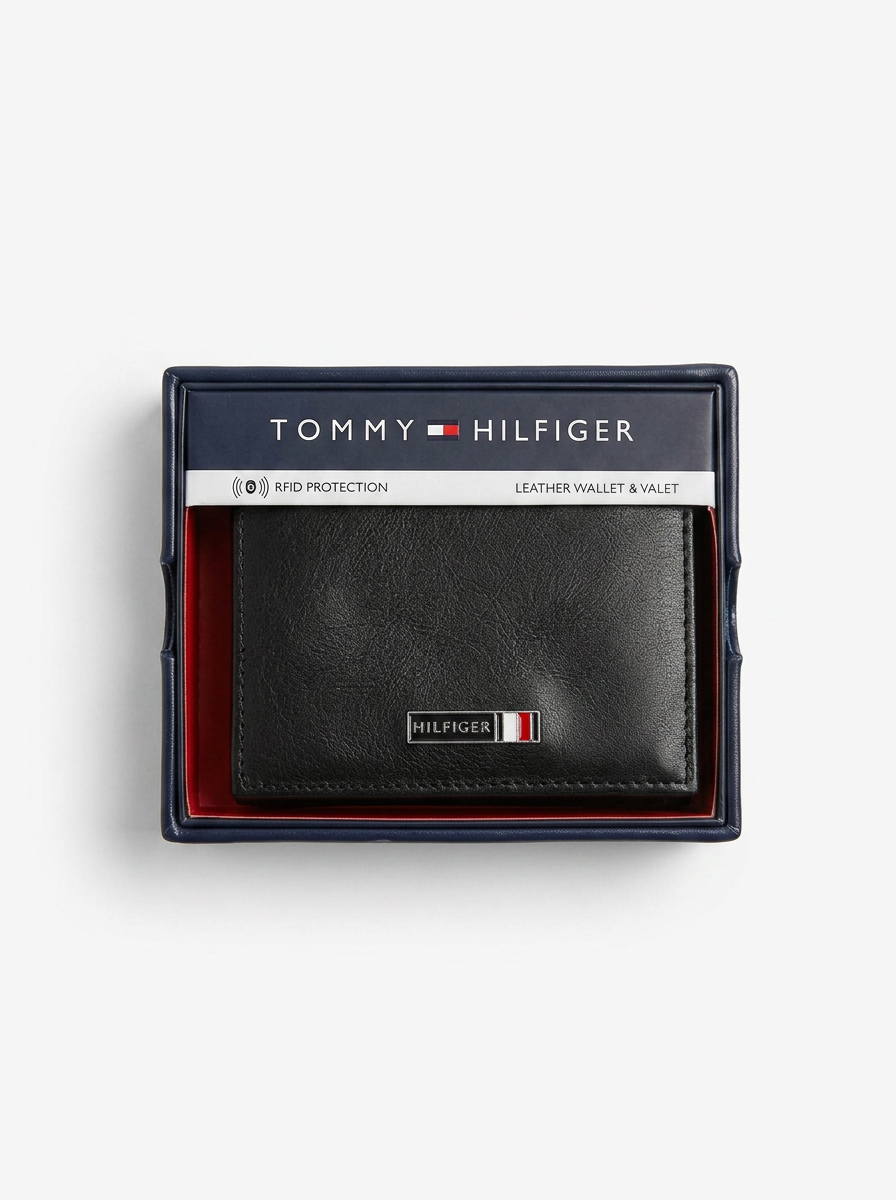 Tommy Hilfiger Billetera Trifold Cuero Negro RFID + Caja