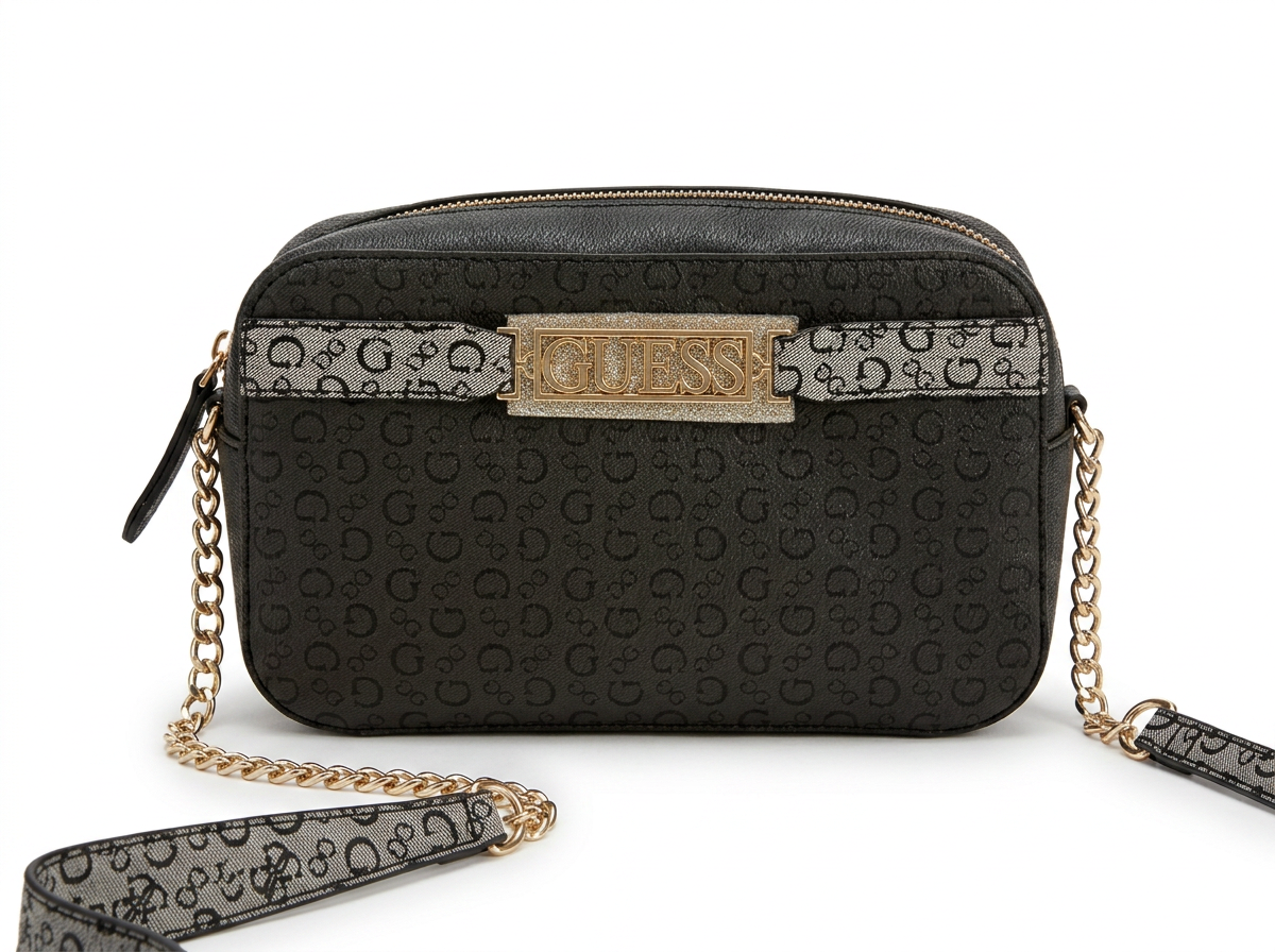 Guess Camera Bag Monogram Negro Cadena Dorada