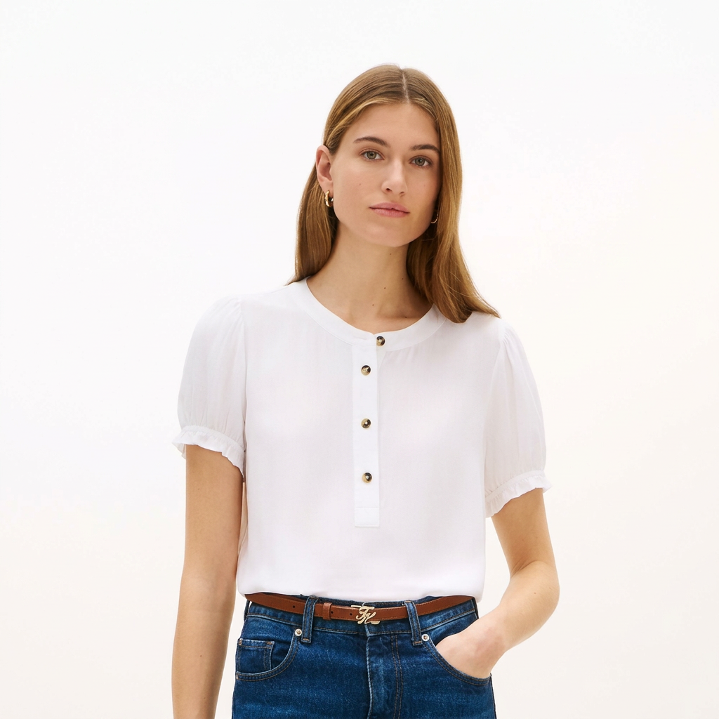 Blusa Blanca Manga Corta Botones Dorados
