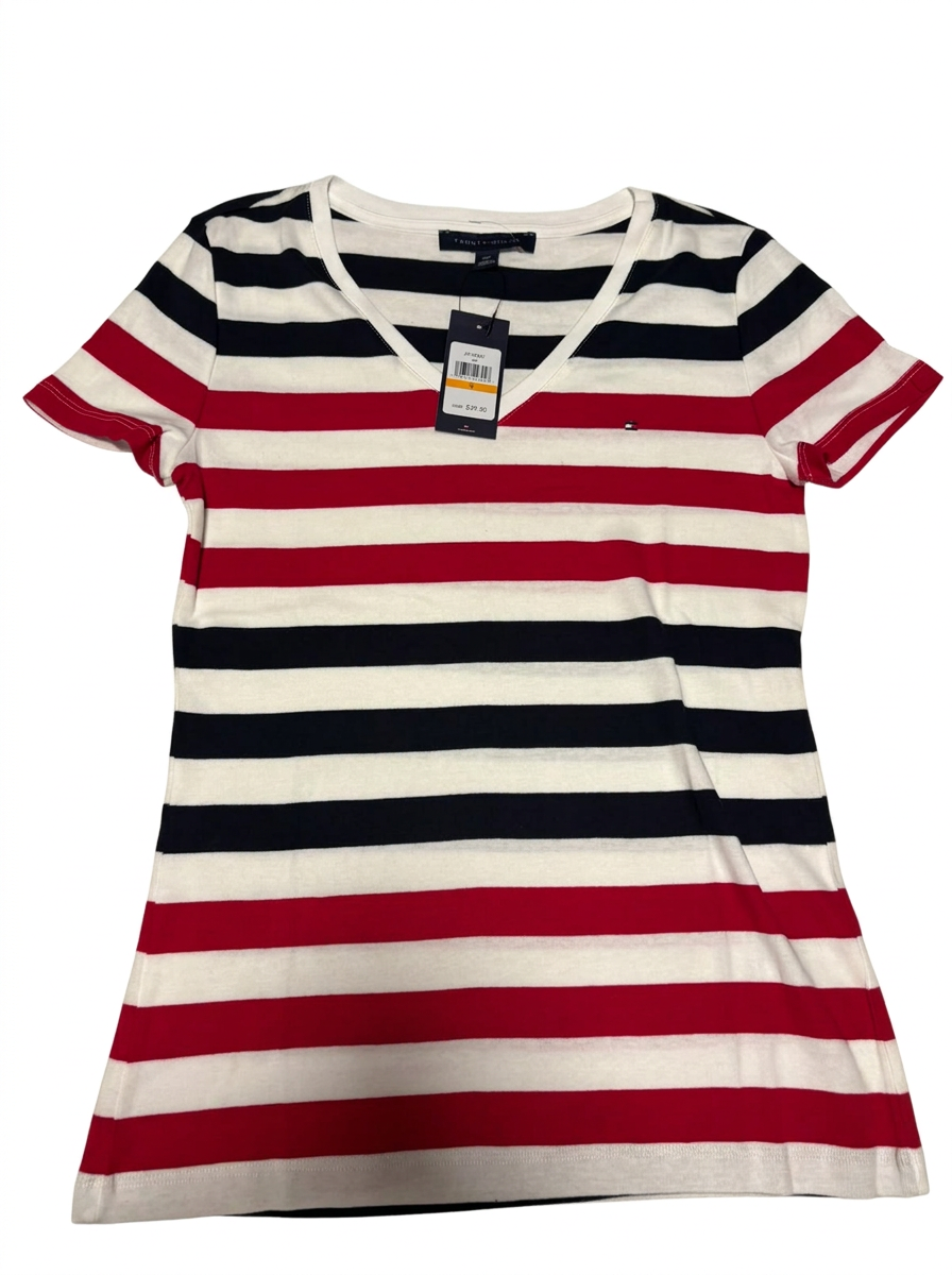 Polo Tommy Hilfiger Rayas Azul, Rojo y Blanco Cuello V